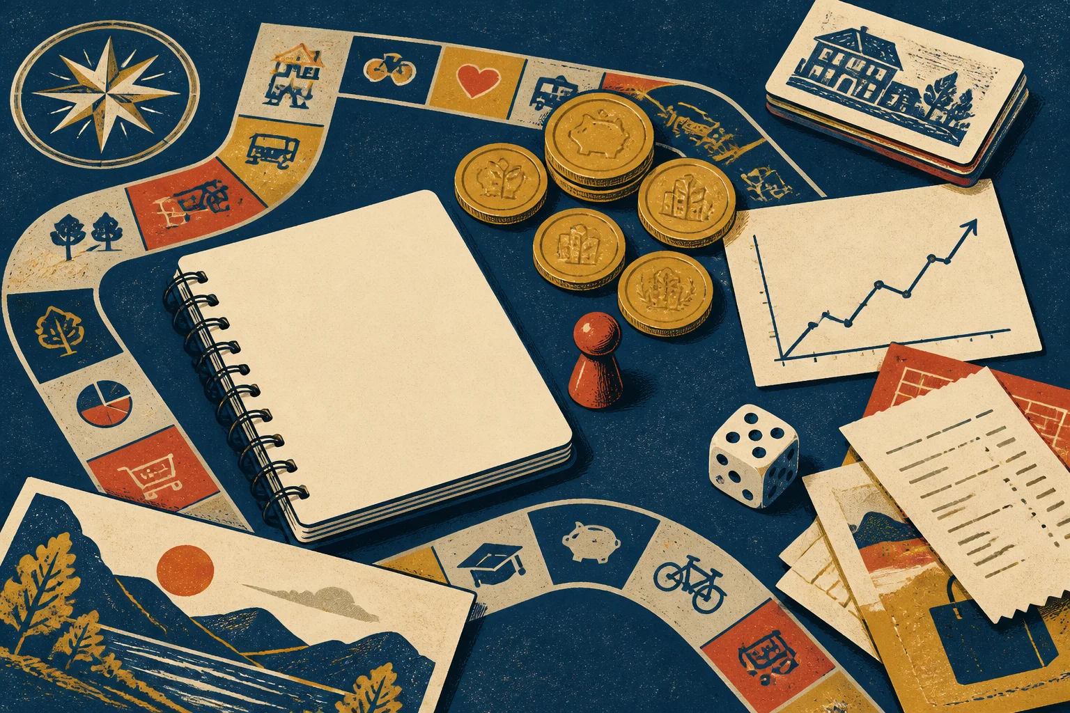 桌遊風格的理財決策場景，有金幣、筆記本、棋子和折線圖